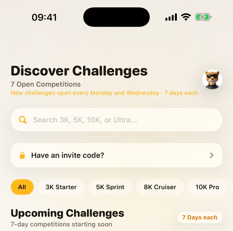 Discover screen: seven open competitions, with a line reading new challenges open every Monday and Wednesday, seven days each.