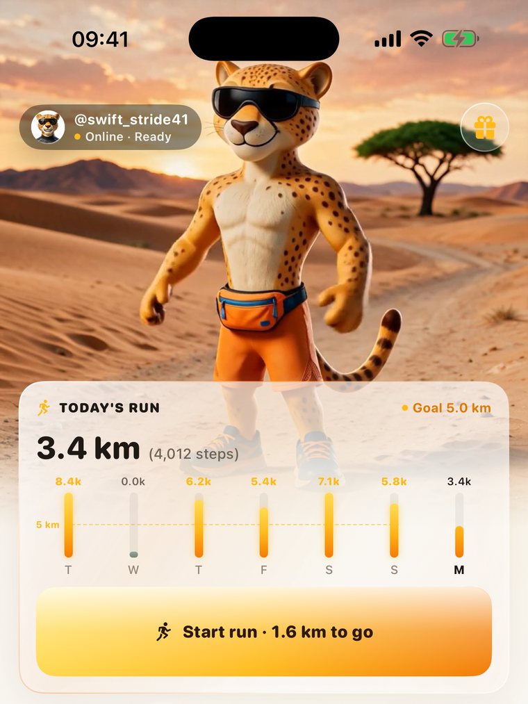 Home screen: today's run at 3.4 km against a 5.0 km goal, with a bar for each of the last seven days.