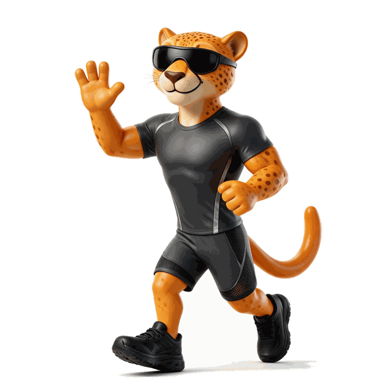 The Strat cheetah, in running kit, waving.